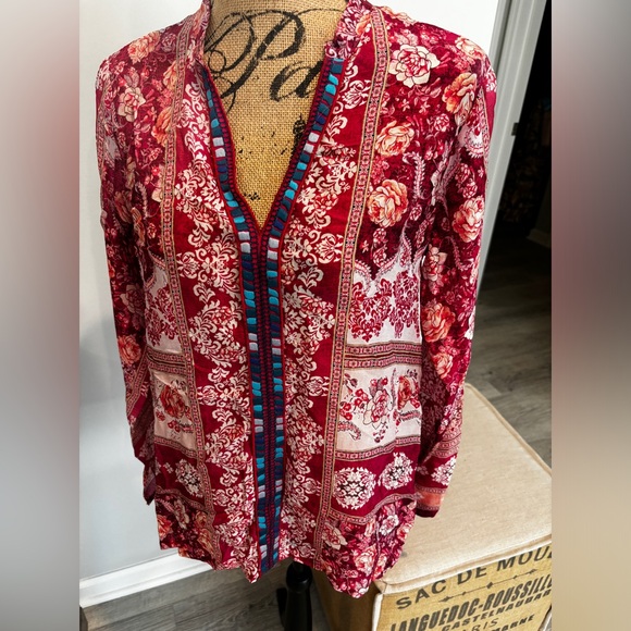 Johnny Was Tops - Johnny Was Red Top with blue embroidery.  Size Small